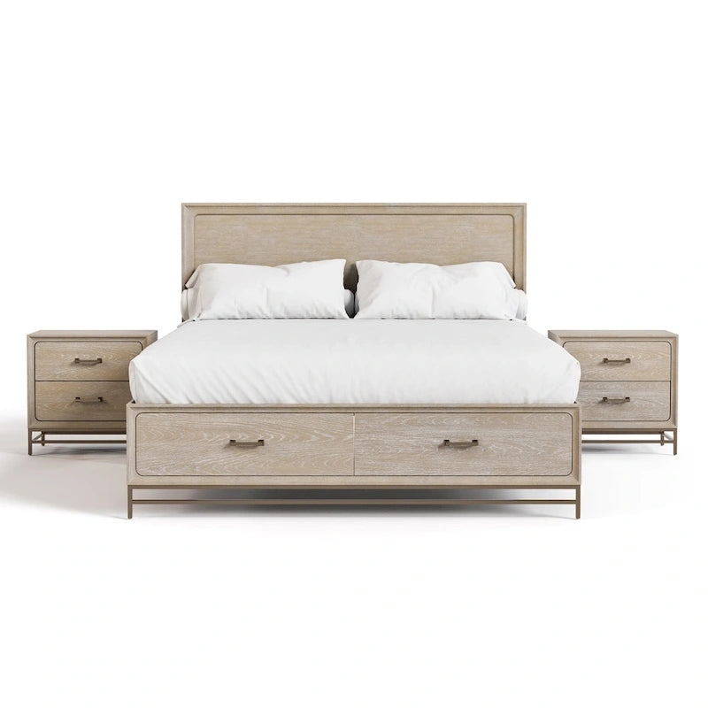Ensemble de chambre à coucher trois pièces en bois massif comprenant un lit et deux tables de chevet